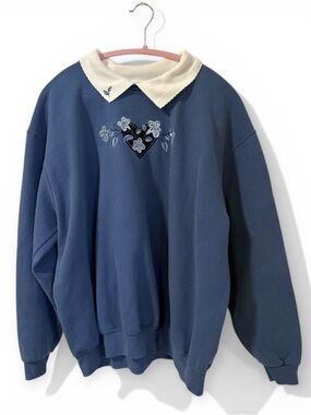Embroidered Blue Sweatshirt with Cream Contrast Collar